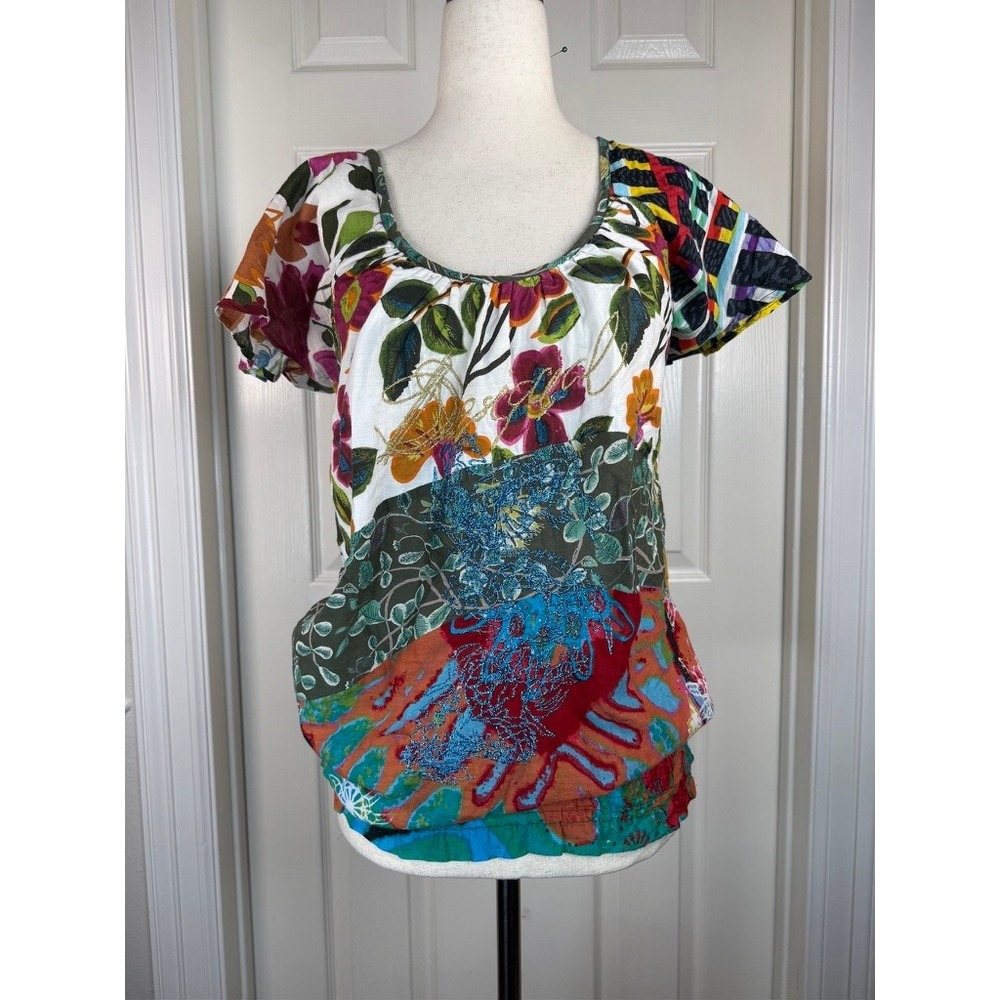 Desigual Mixed Floral Patchwork Embroidered Bubble Hem Top Multi Color Medium